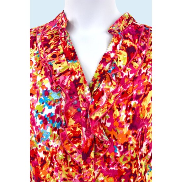 MODERN ESSENTIALS COLORFUL RUFFLED BUTTON FRONT SHORT SLEEVE TOP - PXL - Picture 2 of 4